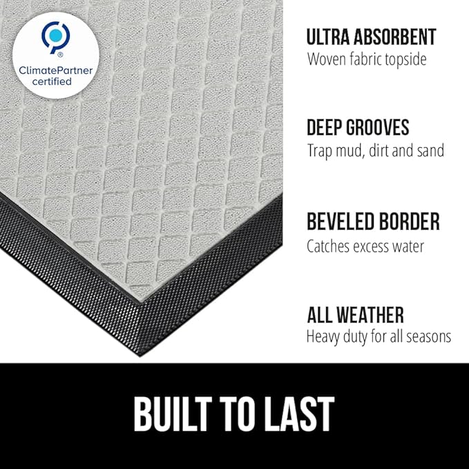 GORILLA GRIP 100% Waterproof All-Season WeatherMAX Doormat US Designed Natural Rubber, Stain and Fade Resistant, Low Profile Indoor Outdoor Door Mats, Easy Clean Patio Mat, 23x35, Light Gray