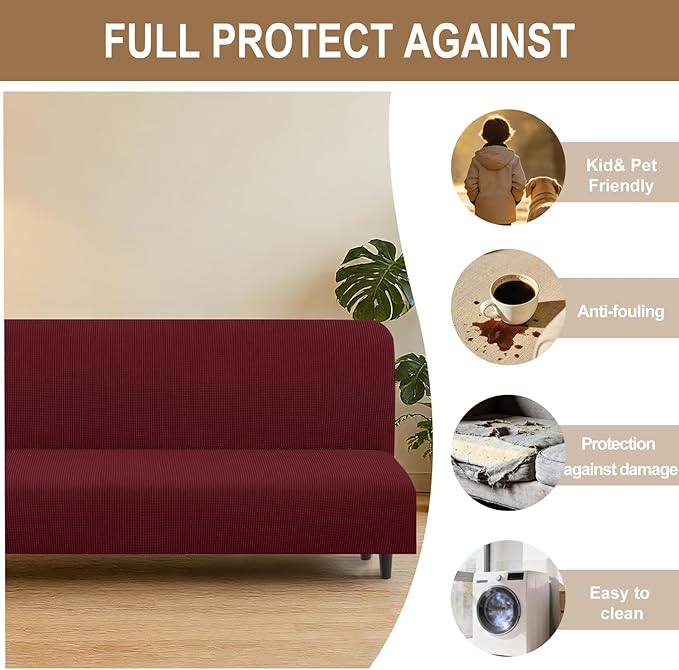 U-NICE HOME Stretch Futon Cover Armless Bed Slipcover - Soft Jacquard Fabric Washable for Pet Friendly, Burgundy