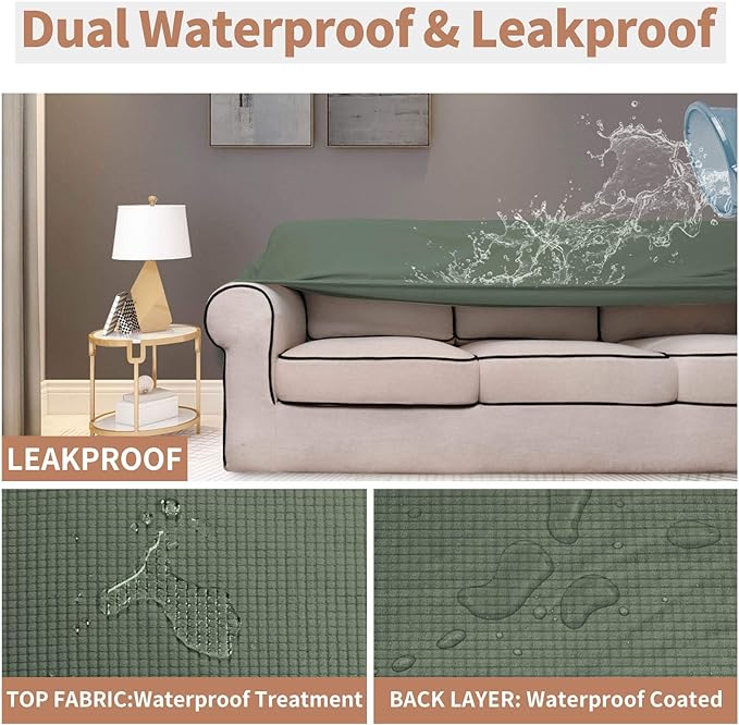 Easy-Going 100% Waterproof Oversized Loveseat Couch Cover, Dual Waterproof Sofa Cover, Stretch Jacquard Sofa Slipcover, Leakproof Furniture Protector for Kids, Pets, Grayish Green