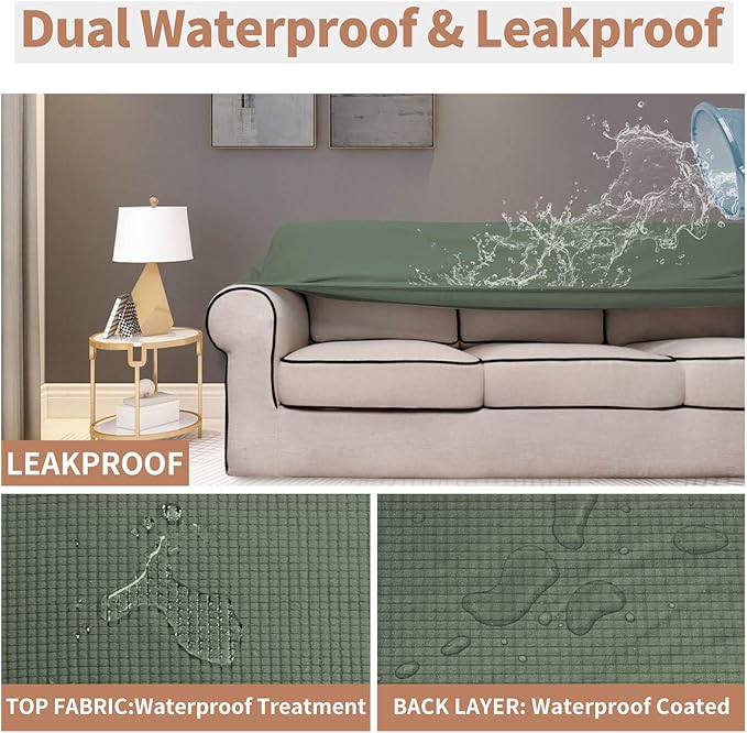 Easy-Going 100% Waterproof Loveseat Couch Cover, Dual Waterproof Sofa Cover, Stretch Jacquard Sofa Slipcover, Leakproof Furniture Protector for Kids, Pets, Dog and Cat (Loveseat, Grayish Green)