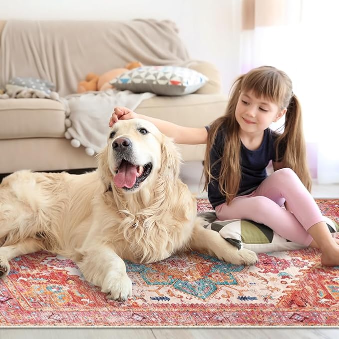 Yamaziot Washable Area Rug for Bedroom, 3x5 Non-Slip Boho Vintage Living Room Rug with Rubber Backing, Low Pile Faux Wool Soft Distressed Rug Floor Carpet for Living Room, Laundry, Kid Playroom