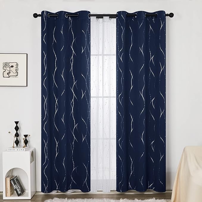 Deconovo Navy Blue Curtains, Blackout Curtain for Bedroom, 38 x 84 Inch, Thermal Insulated Soundproof Privacy Drapes with Silver Wave Dots Pattern, Grommet Top, Machine Washable Panel for Living Room