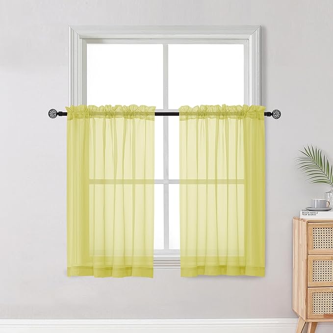 OWENIE Short Lemon Sheer Curtains 36 Inch Length 2 Panels Set, Kitchen Tiers Curtains Light Filter Rod Pocket Voile Cafe Curtain for Basement Bathroom Small Half Window, 42" W x 36" L, Lemon