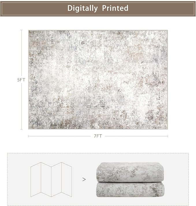 Washable Rugs 5x7 Area Rugs for Living Room,Modern Abstract Rugs for Bedroom,Large Carpets,Ultra Soft Faux Wool Retro Dining Room Rug,Non Slip&Non-Shedding Low Pile Print Rug- Beige Grey