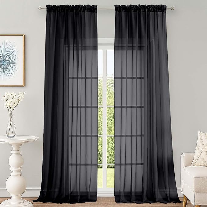 OWENIE Black Sheer Curtains 120 Inches Long 2 Panels Set, Airy Lightweight Sheer Black Curtain for Living Room Bedroom, Farmhouse Voile Filmy Rod Pocket Curtains Drapes, 2 Pcs, Each 59" Wx120 L Inch