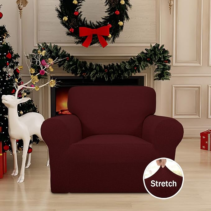 Easy-Going Stretch Chair Sofa Slipcover 1-Piece Couch Sofa Cover Furniture Protector Soft with Elastic Bottom for Kids, Pet. Spandex Jacquard Fabric Small Checks (Chair, Wine)