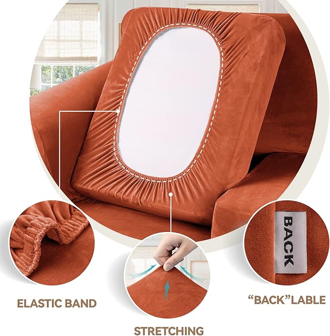 WEERRW Velvet Couch Covers for 2 Cushion Couch Sofa - High Stretch Luxury Velvet Plush 3 Pieces Sofa Slipcovers with Elastic Bottom, Furniture Protector for Pets, Machine Washable, Pumpkin, Medium