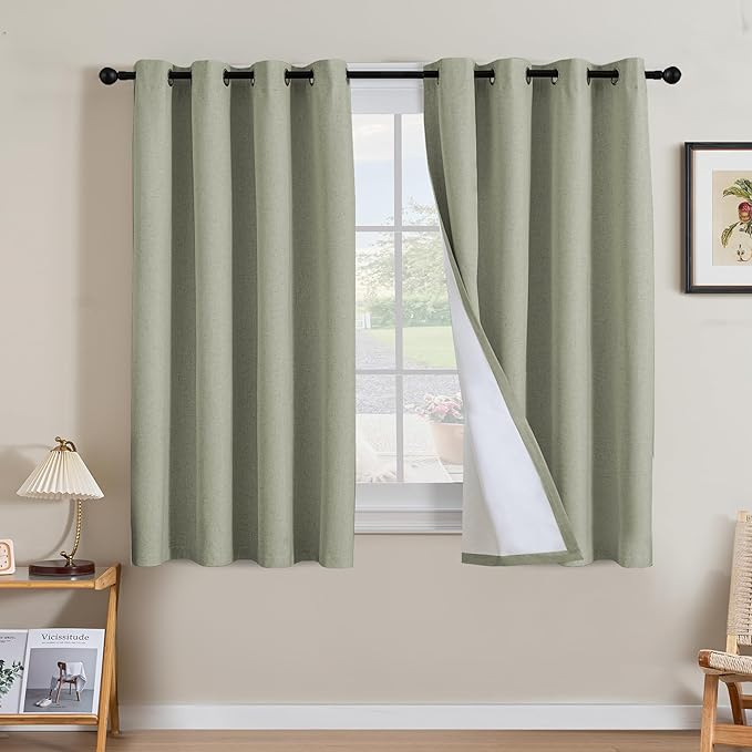 H.VERSAILTEX Linen Curtains 100% Blackout Curtains for Bedroom 54 inch Long Full Light Blocking Nature Linen Blended Window Curtains for Living Room Nickel Grommet (2 Panels, Heathered Tea)
