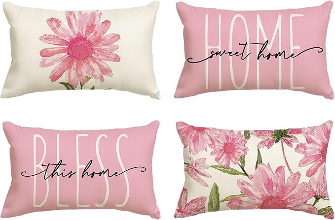 AVOIN colorlife Home Sweet Home Spring Summer Flowers Pink Throw Pillow Covers, 12 x 20 Inch Cushion Case for Sofa Couch Set of 4