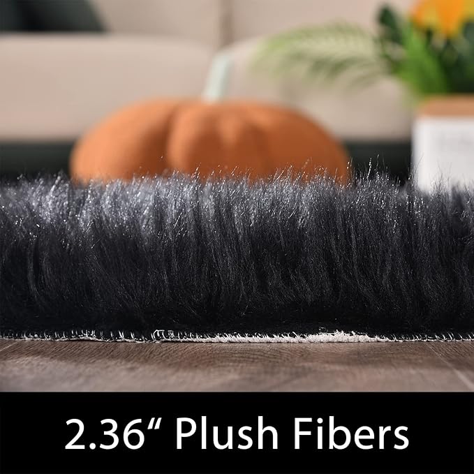 Latepis Black Faux Fur Round Rug 6.7ft Shag Sheepskin Rug for Bedroom Fluffy Carpet for Living Room Furry Rugs for Playroom Luxury Home Decor