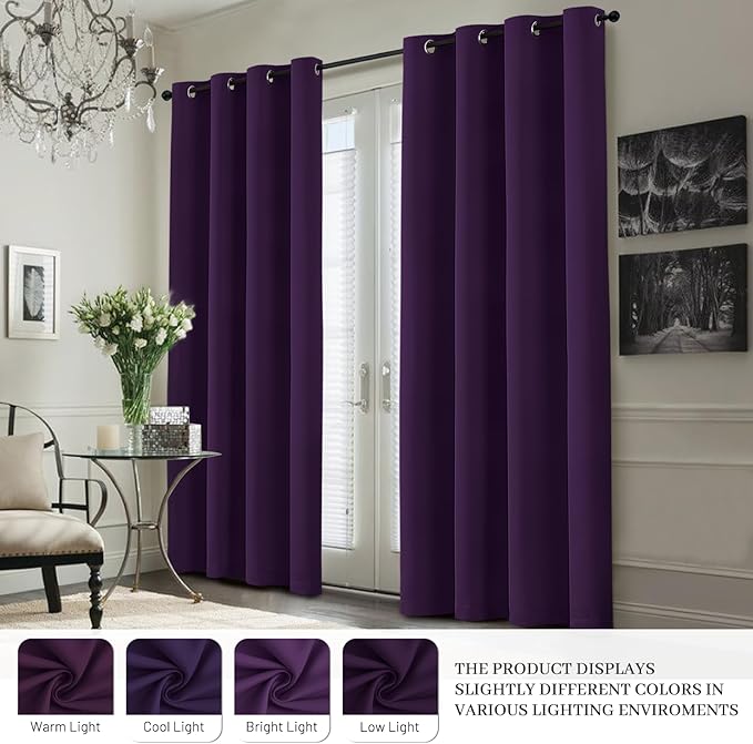 Yakamok 100% Blackout Curtain Panels 63 inches Cold and Light Blocking Drapes for Nursery, 2 Thick Layers Thermal Insulated Draperies (2 Pieces, 50 Wide Each Panel, Purple/White Backing)