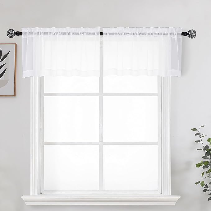 OWENIE White Sheer Curtains for Kitchen Valance Set of 2, Small Short Modern Rod Pocket Voile Valance Curtain Window Treatment Decor for Living Room Bathroom Cafe Laundry Basement, 42" W x 14" L