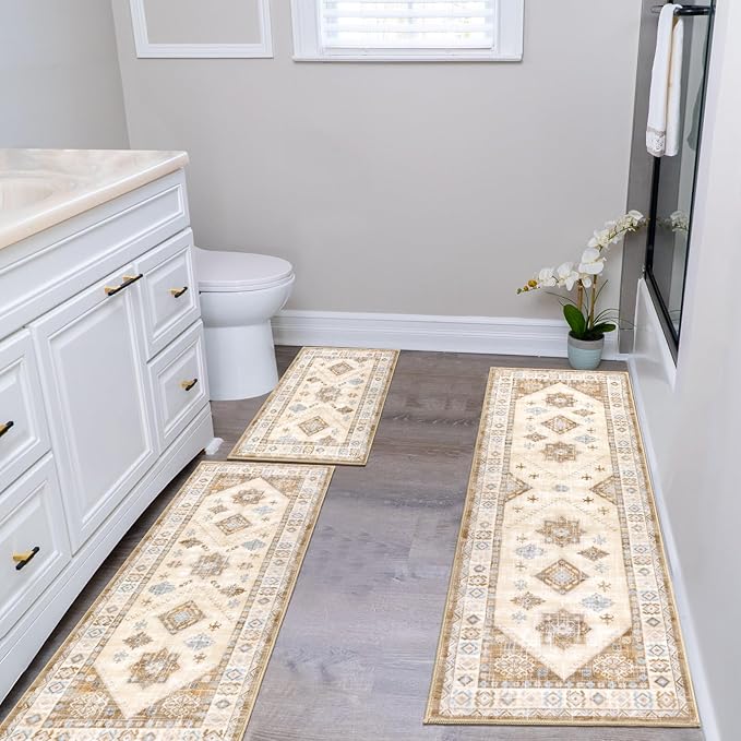 HEBE Boho Kitchen Rug Sets 3 Piece with Runner Non Slip Kitchen Rugs and Mats Washable Kitchen Mats for Floor Thick Kitchen Floor Mat Carpet Runner Rugs for Hallway Laundry Holiday Decor