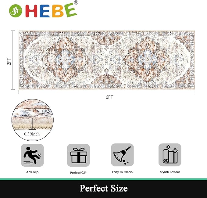 HEBE Hallway Runner Rug 2'x6' Washable Vintage Distressed Area Rugs Non Slip Laundry Rug Runner Boho Floor Carpet Runners for Hallways Entryway Laundry Room Kitchen Bathroom