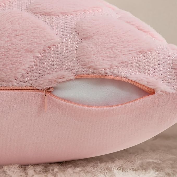 decorUhome Valentine’s Day Soft Plush Throw Pillow Covers 16x16 Inch Set of 2, Faux Fur Pink Heart Decoration Neutral Square Pillow Covers for Couch Sofa Bed Cozy Farmhouse Holiday Decor
