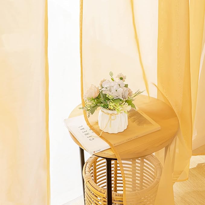 MIULEE 2 Panels Solid Color Sheer Window Curtains Elegant Window Voile Fall Panels/Drapes/Treatment for Bedroom Living Room (54X96 Inches Gold)