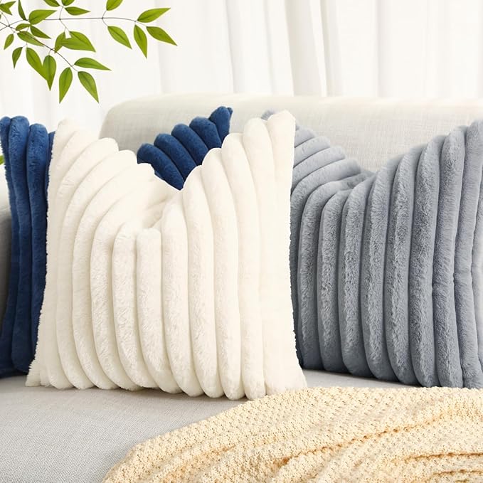 decorUhome Cozy Faux Fur Throw Pillow Covers 26x26 Set of 2 Decorative Soft Plush Striped Modern Farmhouse Boho Couch Euro Sham Pillow Cases with Velvet Back for Sofa Bed Living Room, Grey