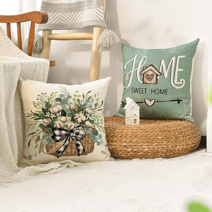 AVOIN colorlife Bless Our Home Farmhouse Eucalyptus Leaves Throw Pillow Covers, 20 x 20 Inch Blue Truck Home Sweet Cushion Case Decorations Set of 4