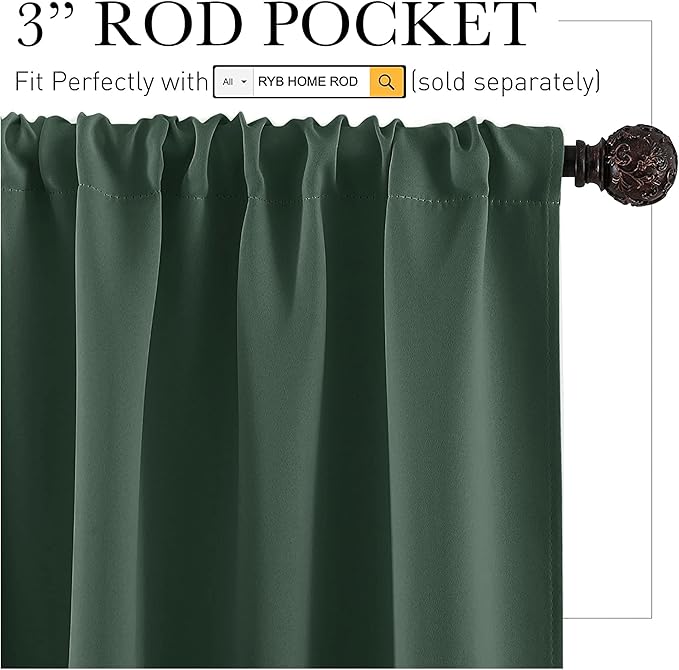 RYB HOME Short Blackout Curtains for Bedroom, Room Darkening Insulated Summer Heat Light UV Blocking Energy Saving Drapes for Nursery, Width 34 by Length 48, Dark Green, Set of 2