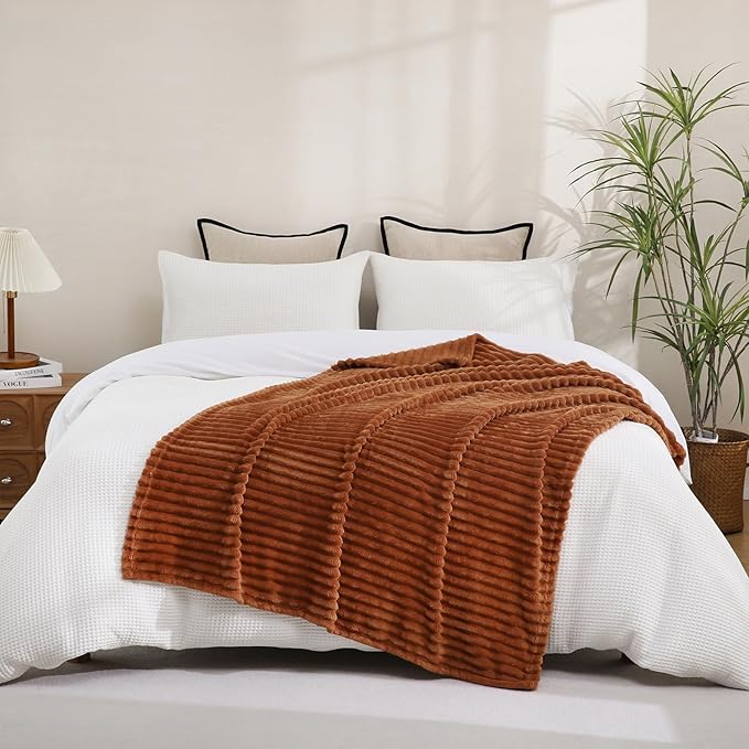 Burnt Orange Fleece Throw Blanket 60”×80” for Couch Sofa Bed,Super Soft Cozy Plush Microfiber Flannel Blanket with Stripes Design Lightweight for Adults,Woman,Girls