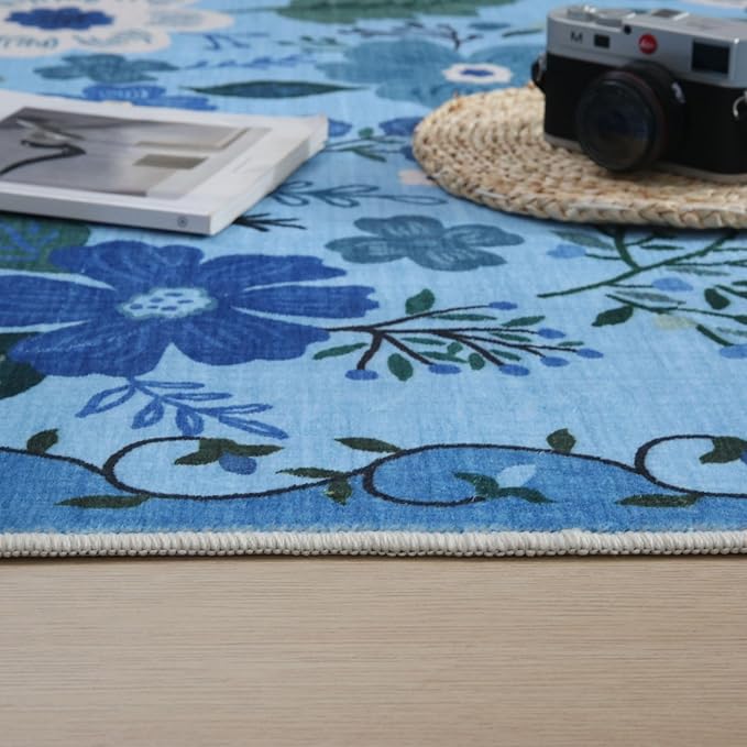 Rugcomf 2x5 Rug Runner - Floral Machine Washable Kitchen Rug, Non-Slip Low Pile Boho Carpet for Hallways, Laundry, Entryway, Bedroom, Bathroom - Black
