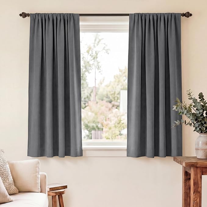 RYB HOME Short Blackout Curtains for Bedroom, Room Darkening Insulated Summer Heat Light UV Blocking Energy Saving Drapes for Nursery, Width 34 by Length 45, Grey, Set of 2