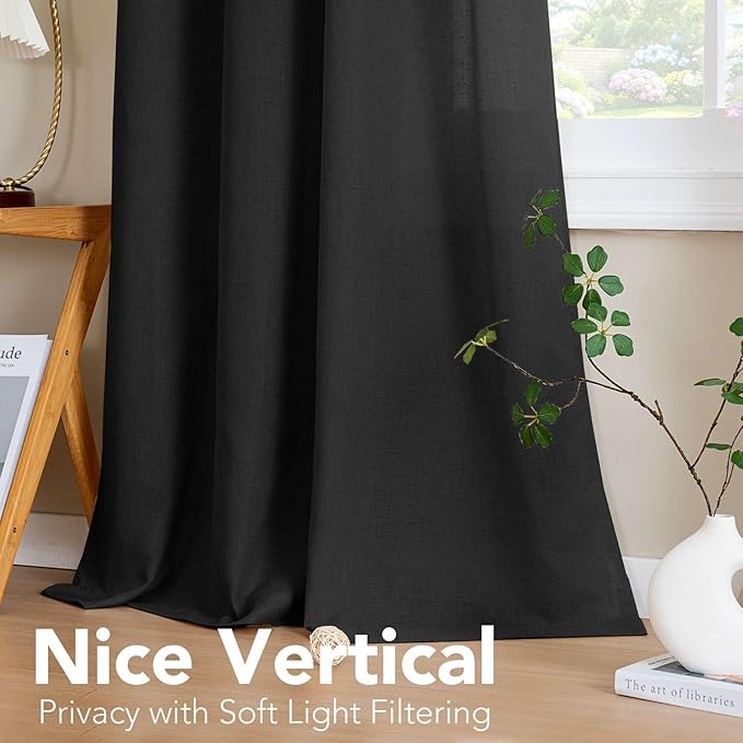 H.VERSAILTEX Living Room Linen Curtains Home Decorative Nickel Grommet Curtains Privacy Added Energy Saving Light Filtering Window Treatments Panels for Bedroom, Heather Black, 2 Panels, 52 x 63 Inch