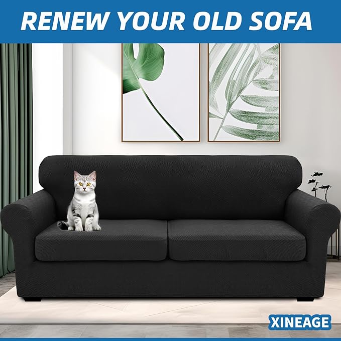 XINEAGE 2026 New 3 Pieces Couch Covers for 2 Extra Large Cushion Sofa Super Stretch Sofa Cover for 2 Large Seat Cushion Universal Loveseat Slip Cover for Living Room (Black), 71"-91"(2 Cushions)
