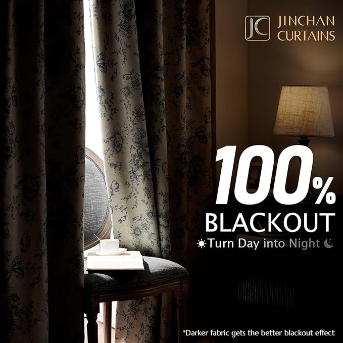 jinchan Blackout Floral Curtains for Living Room Bedroom Linen Blend Curtain Farmhouse Grey Printed with Lined Back Tab Rod Pocket Drapes Window Treatments 2 Panels 84 Inch Gray