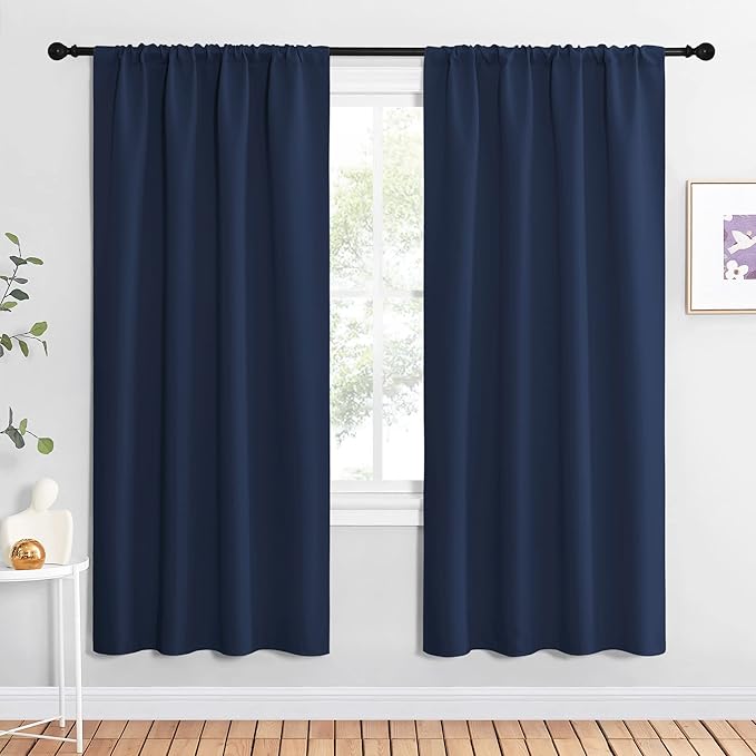 NICETOWN Navy Blue Blackout Curtains for Living Room - Triple Weave Home Decoration Thermal Insulated Solid Rod Pocket Blackout Drapes for Bedroom(Set of 2, 42 x 72 Inch)