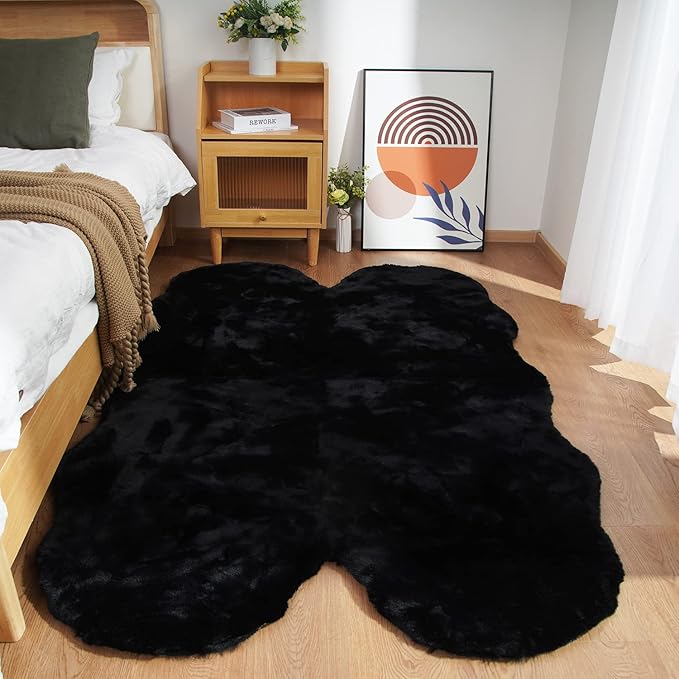 Ghouse Soft Faux Sheepskin Fur Rug 4x6 Black Fluffy Bedside Rugs Plush Rug Shag Nursery Carpet Area Rugs for Living Room Bedroom Playing Room Decor