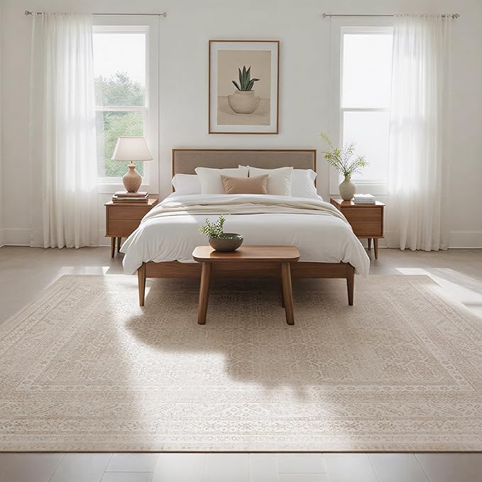 Washable Rugs 8x10 Area Rugs for Living Room- Vintage Brown Rugs for Bedroom,Dining Room, Large Soft Low Pile Carpet with Non Slip Rubber Backing,Neutral Accent Rug for Nursery Home Office