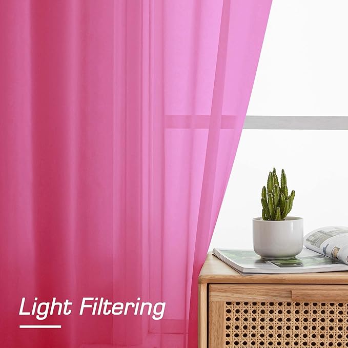 OWENIE Hot Pink Sheer Curtains for Bedroom Living Room 96 Inches Long 2 Panels Set, Soft Solid Light Filtering Clear Sheer Ceiling to Floor for Large Window, 2Pcs, Each 42" W x 96" L, Hot Pink