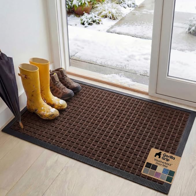 GORILLA GRIP 100% Waterproof All-Season WeatherMAX Doormat, 34x58, US Designed Natural Rubber, Stain and Fade Resistant, Low Profile Indoor Outdoor Door Mats, Easy Clean Patio Mat, Coffee Squares