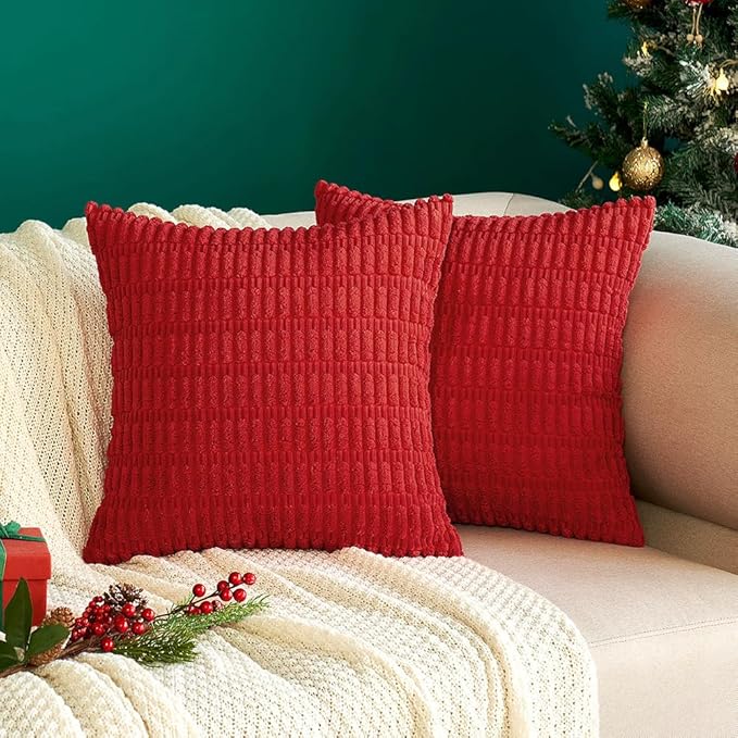 MIULEE Pack of 2 Red Corduroy Decorative Pillow Covers 12x12 Inch Soft Boho Striped Throw Pillow Covers Modern Farmhouse Home Decor for Sofa Living Room Couch Bed