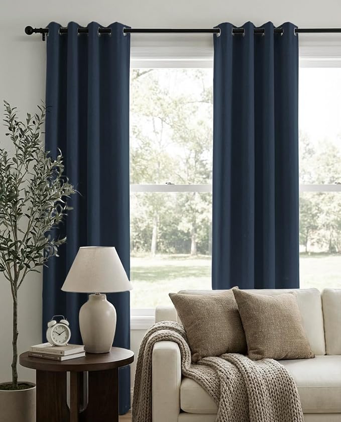 100% Blackout Shield Linen Blackout Curtains for Bedroom, Navy Blue Grommet Curtains for Living Room, Thermal Insulated Room Darkening Drapes for Nursery, Boho Home Decor, 50" W x 72" L, 2 Panels