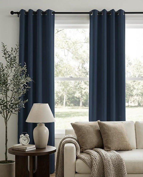 100% Blackout Shield Linen Blackout Curtains for Bedroom, Navy Blue Grommet Curtains for Living Room, Thermal Insulated Room Darkening Drapes for Nursery, Boho Home Decor, 50" W x 63" L, 2 Panels
