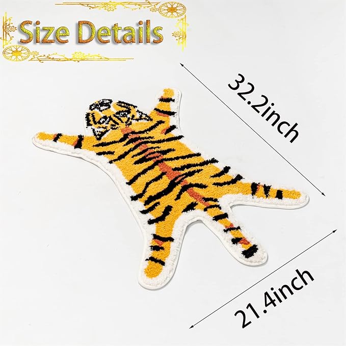 Tiger Print Rug, Animal Printed Small Area Rugs Faux Cowhide Skin Leather Nonslip Personalized Bath Rug Cartoon Carpet Bedroom Office Livingroom Floor Mat 32.2inx21.4in Yellow