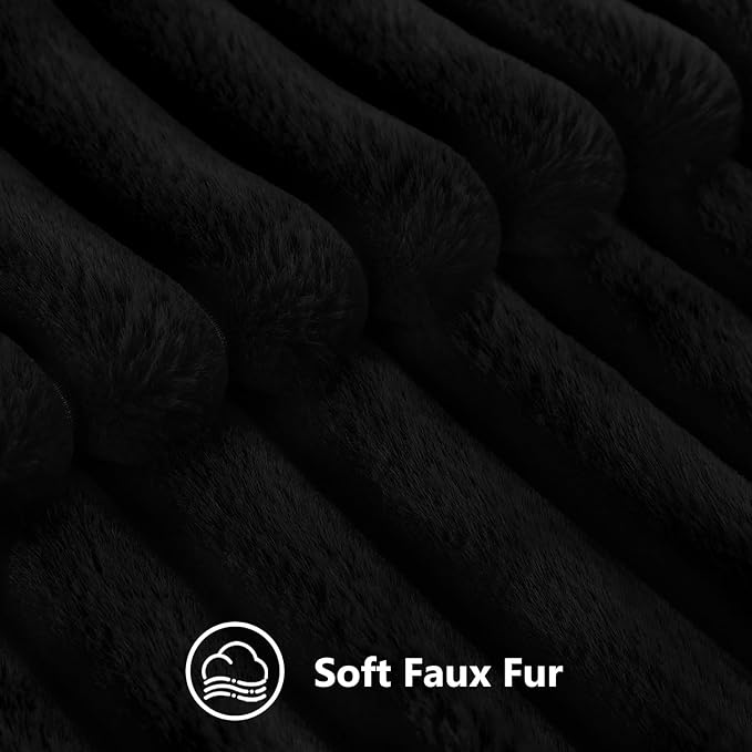 decorUhome Cozy Faux Fur Throw Pillow Covers 22x22 Set of 2 Decorative Soft Plush Striped Modern Farmhouse Boho Couch Euro Sham Pillow Cases with Velvet Back for Sofa Bed Living Room, Black