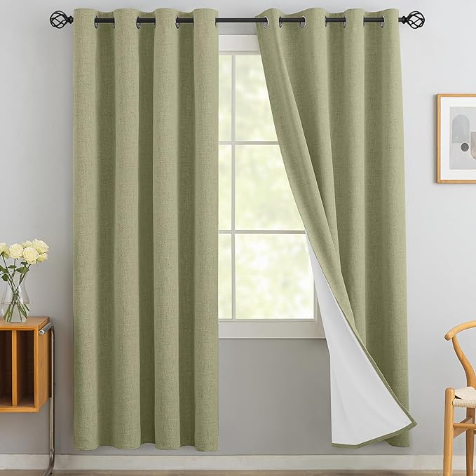 Yakamok Sage Green Linen Curtains 100% Blackout 72 Inches Long,Room Darkening Textured Curtains for Living Room Thermal Grommet Bedroom Curtain 2 Panels with Greyish White Liner