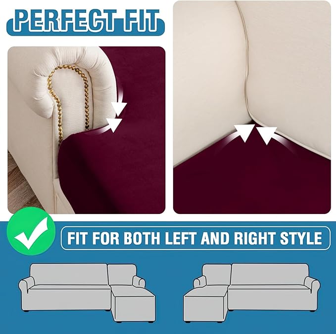 Couch Cover Velvet Chaise Cushion Cover for Sectional Sofas - Elastic L-Shaped Sofa Seat Covers Washable, Slipcover Protector (1-Piece, Wine)