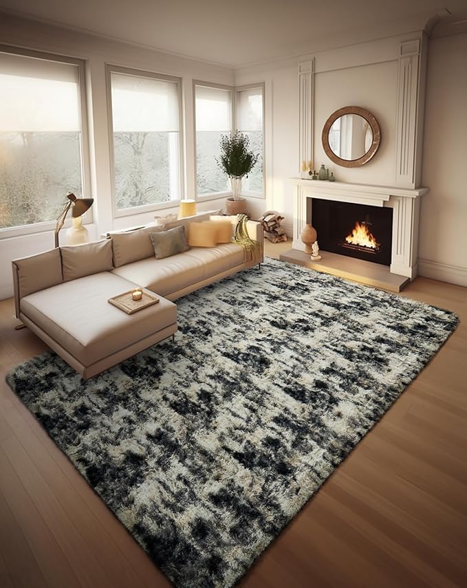 Ophanie Black Gold and Grey Area Rugs for Living Room 8x10, Fluffy Shag Large Fuzzy Plush Soft Carpets, Floor Shaggy Rugs for Bedroom, Carpet for Kids Boys Girls Dorm Nursery Home Decor Aesthetic