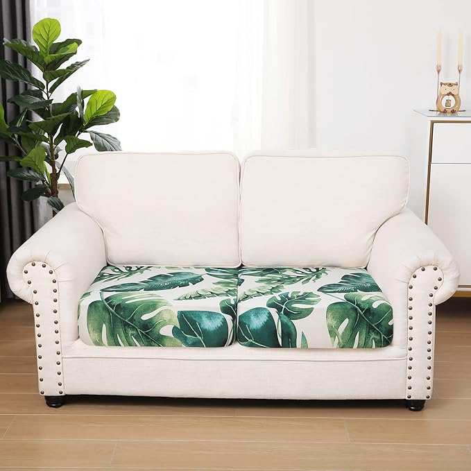 hyha Printed Couch Cushion Covers, Floral Sofa Covers Washable for 2 Cushion Couch, Stretch Pattern Outdoor Cushion Covers for Patio Furniture with Elastic Bottom(2 Packs, Monstera Deliciosa)