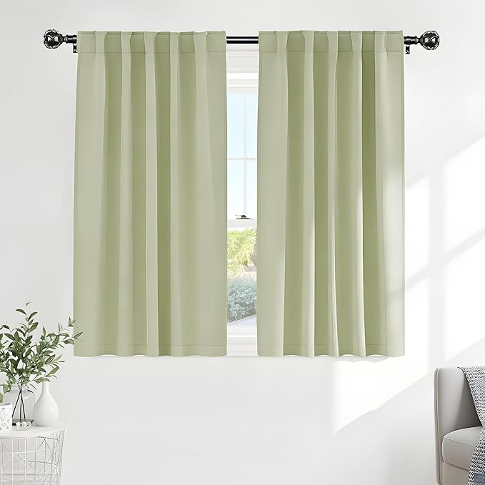 PONY DANCE Short Blackout Curtains - Window Curtain Treatments Light Blocking Drapes Back Tab/Rod Pocket Short Drapes Panels for Bedroom & Kitchen, 42 W x 45 L, Meadow Green, 1 Pair