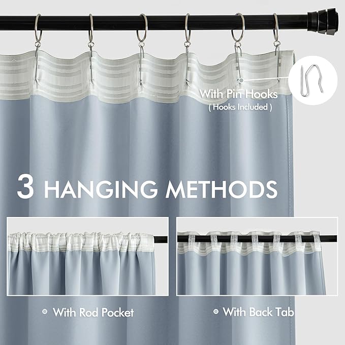 MIULEE Light Blue Back Tab Blackout Curtains 63 Inch Length 2 Panels Set for Living Room Bedroom Privacy, Rod Pocket/Pinch Pleat Thermal Insulated Room Darkening Pleated Light Blocking Drapes