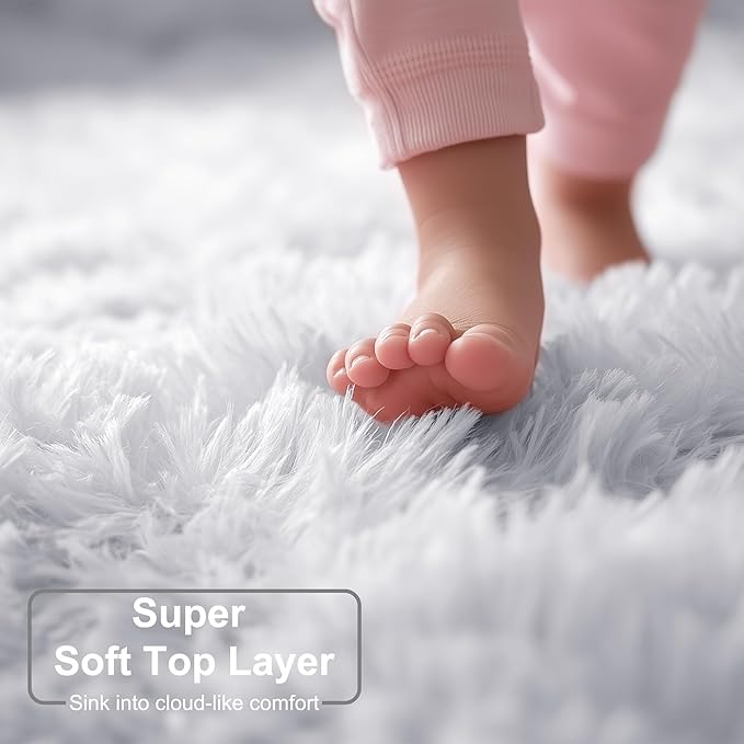 Amdrebio White Fluffy Round Rug 4Ft for Bedroom Aesthetic, Fuzzy Fur Circle Area Rugs for Living Room, Soft Plush Shaggy Shag Carpet for Nursery Dorm, Cute Kids Room Decor for Baby Toddler Teen Girls