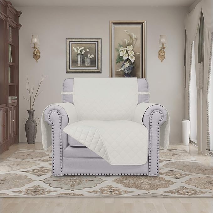 Easy-Going Chair Sofa Slipcover Reversible Sofa Cover Water Resistant Couch Cover Furniture Protector Cover with Elastic Straps for Pets Kids Children Dog Cat (Chair, Ivory/Ivory)