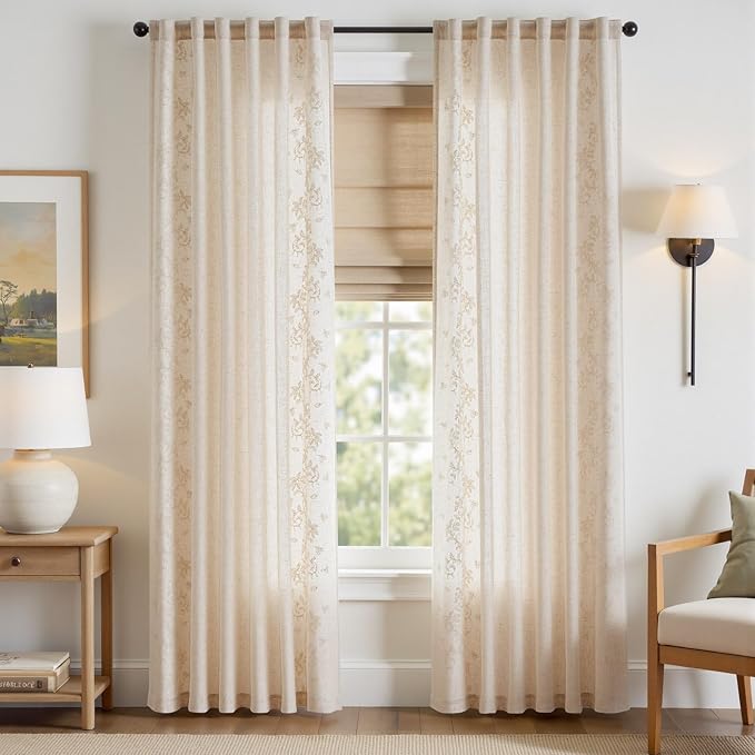 jinchan Evelyn Embroidered Linen Curtains Ivory Farmhouse Floral Window Drapes for Living Room Bedroom Cottagecore Semi Sheer Curtains 84 Inches Long Rod Pocket Back Tab 2 Panels