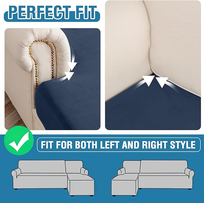 Couch Cover Velvet Chaise Cushion Cover for Sectional Sofas - Elastic L-Shaped Sofa Seat Covers Washable, Slipcover Protector (1-Piece, Berlin Blue)