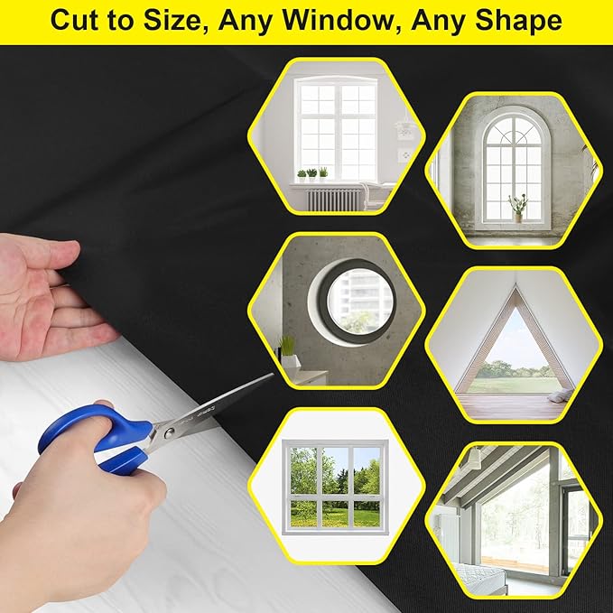 FADOTY 100% Blackout Curtains, Portable Black Out Window Cover Film, Cuttable Blackout Shades Fabric Sheet, No Drill Window Blinds, Sun Heat Light Blocker for Travel Media Dorm Bedroom, 57''W - 2Pack